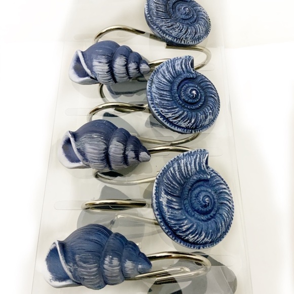 Coastal Ocean Seashell Shower Hooks Blue White Beachy Decor Set of 12 - Picture 5 of 11